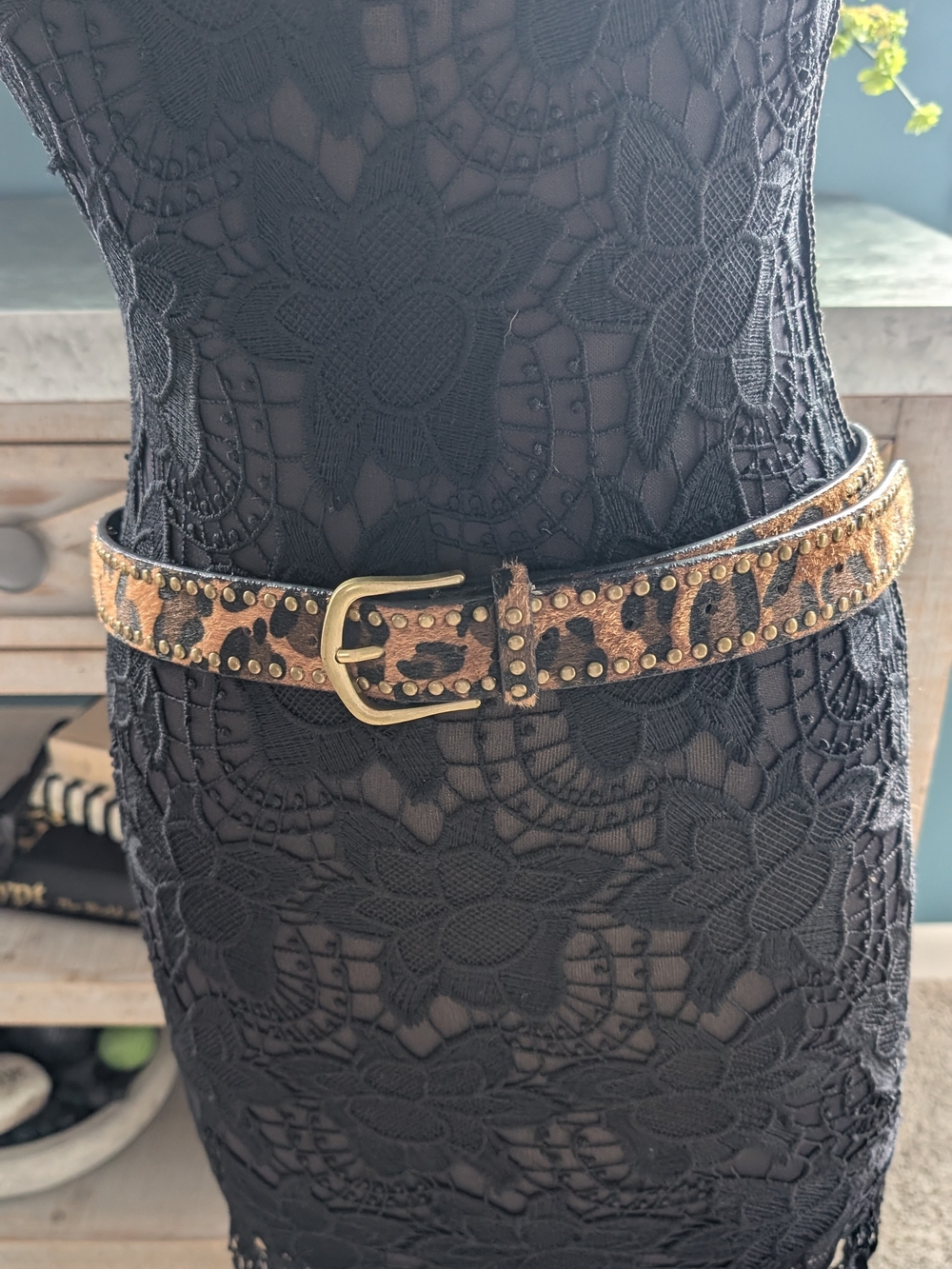 Amazon Leopard Print Studded Waist Belt - Brown and Black with Gold Buckle